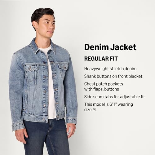 Image of Amazon Essentials Men's Heavyweight Low Stretch Regular-Fit Denim Jacket with Chest Patch Pockets, Shank Buttons, Adjustable Side Tabs
