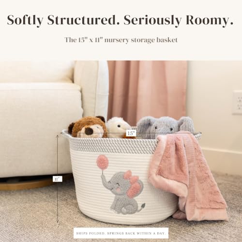 Image of Elephant Baby Storage Basket for Girls, Cotton Rope Nursery Bin, 15x11 in | Stuffed Animal and Blanket Storage, Soft Felt Elephant Patch, Pink Baby Room Decor, Shower Gift, Kids Playroom Organizer