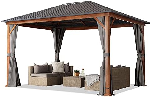 TOOLPORT Garden gazebo 3x4 m wood finish, steel roof hardtop 4 side panels in grey