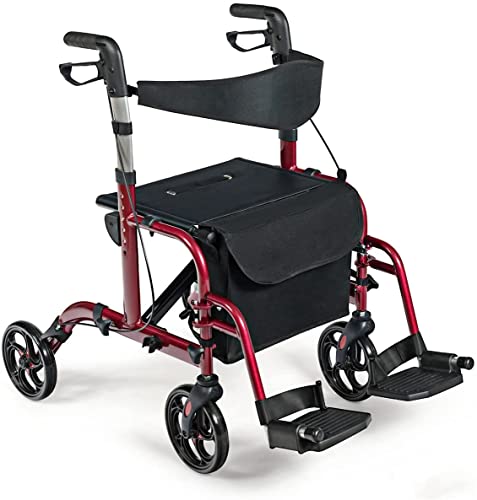 COSTWAY Folding Rollator Walker, Wheeled Walking Frame with Seat, Brake, Adjustable Handle, Cane Holder and Storage Bag, Lightweight Mobility Aid for Elderly Handicapped (Red)