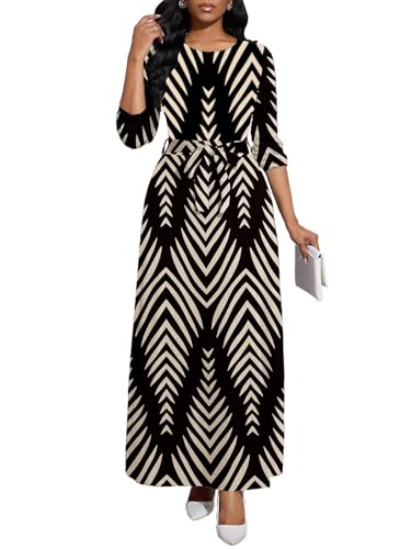 Image of Maxi Dresses for Women Casual Long Sleeve Crewneck Floor Length Dress | Floral Print,Swing,Soft Fabric,with Belt and Pockets