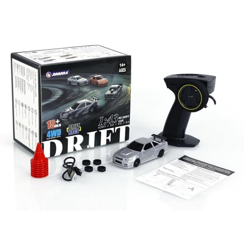Image of FEXXA 1 /43 Scale RC Drift Race Car Gyro 4WD Ready to Go Mini Remote Control Car High Speed Model (1:43 RC Drift Nissan GT-R R34-SILVER)