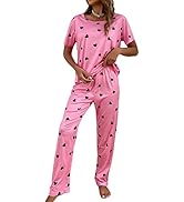 COZYEASE Women's Cute Pajama Set Heart Print Short Sleeve Round Neck Tee Top and Pants Pajama Set...