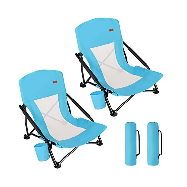 TOBTOS Low Beach Chair, Beach Chairs for Adults 2 Pack, Low Profile Folding with Cup Holder & Carry Bag, Heavy Duty Chair for Outdoor Sand, Camping, Concert, Travel