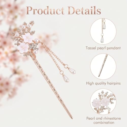 Image of MAYCREATE Hair Stick Floral Metal Pearl Tassel Rhinestone Bun Accessory