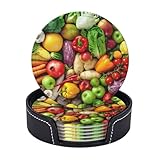 Photo Gallery 6 sottobicchieri rotondi in pelle con stampa di frutta e verdura fresca, con supporto, per cucina, caffè, tavolo da bar Photo Gallery 6 sottobicchieri rotondi in pelle con stampa di frutta e verdura fresca, con supporto, per cucina, caffè, tavolo da bar