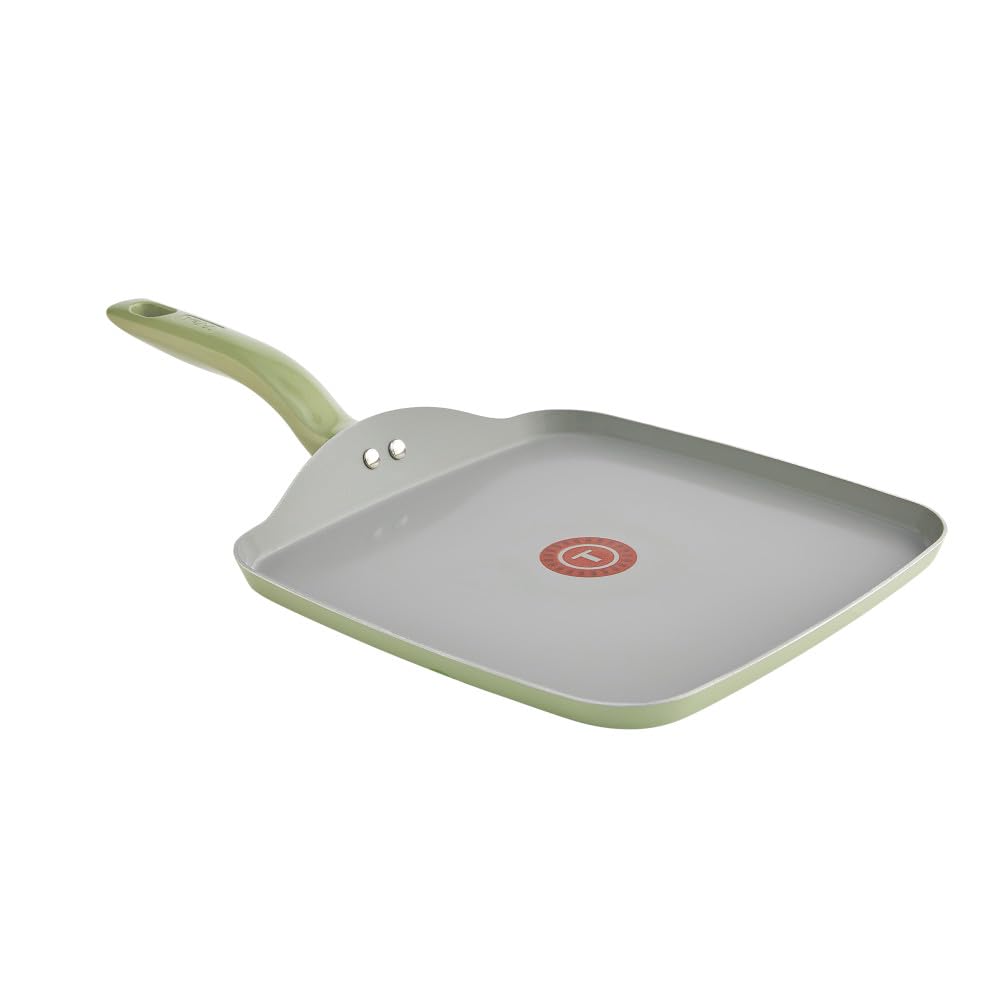 T-fal Recycled Ceramic Nonstick Square Griddle Pan 10.25 Inch Oven Safe 350F Pots and Pans, Cookware Green