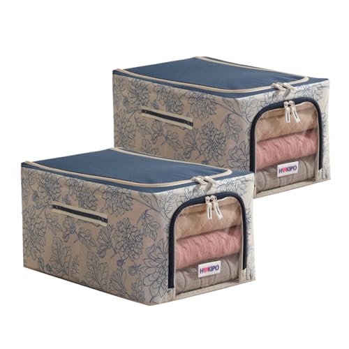 Image of HOKIPO Wardrobe Organiser for Storage of Clothes, 600D Oxford Fabric Storage Box, Blue Blossom - Medium Pack of 2 (AR-6488-BLU*2)