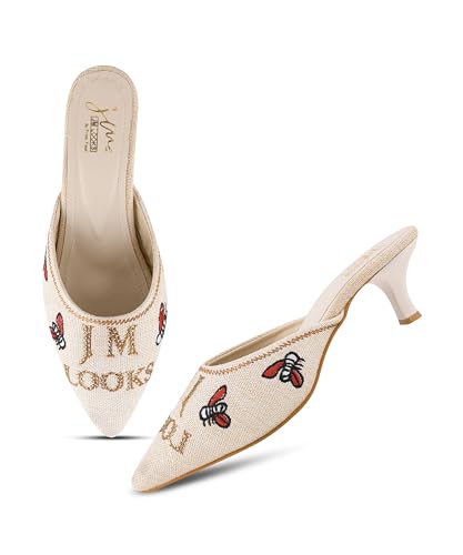 Image of JM LOOKS Pointed Toe Kitten Heel Mules Featuring Exquisite Bee Embroidery and Shimmering Textured Fabric Finish