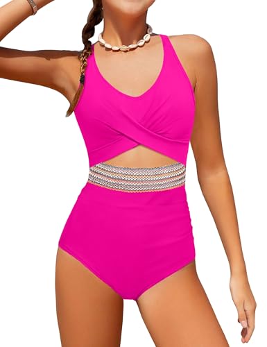 Image of Girls Swimsuit Criss Cross Cutout One Piece Bathing Suit Color Block V Neck Back Tie Swimwear 9-16Y
