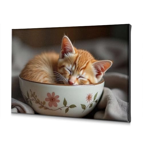 Toile murale salle de bain motif bol floral et chaton pour déco cocooning