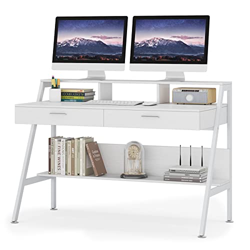 Tribesigns Computer Desk with Storage Shelf & Drawers, Modern 47 inch Office Writing Desk Study Table with Monitor Stand Riser for Home Office Use (White)