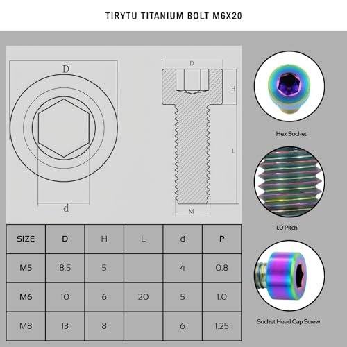 Image of Lightweight Titanium Bolts M6x20, Colorful, 6PC | Lightweight Hex Socket Screws, MTB /Road Bike /Motorcycle, Corrosion Resistant, Marine Grade Fasteners