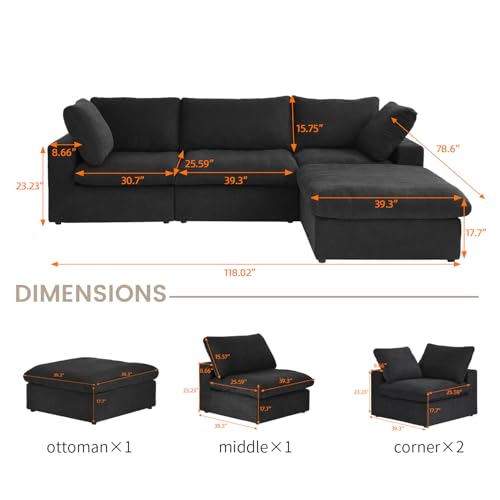 Cloud Modular Sectional Sofa with Storage Ottoman,120.45" L Shaped Couch for Living Room,Down Filled Convertible Couch Deep Seat for Office Apartment,Covers Washable&Replaceable (Black)