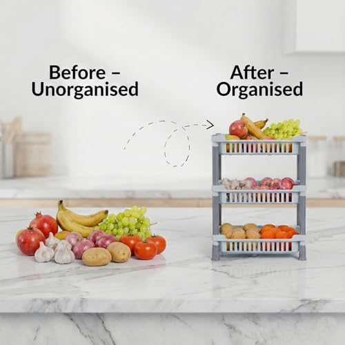 Image of Oblivion 3 Layer Kitchen Storage Rack 1 Pc - Multiuse Kitchen Organiser Rack - Space-Saving Vertical Organizer for Vegetables, Fruits, Utensils & Pantry Essentials, Durable Metal Storage Stand
