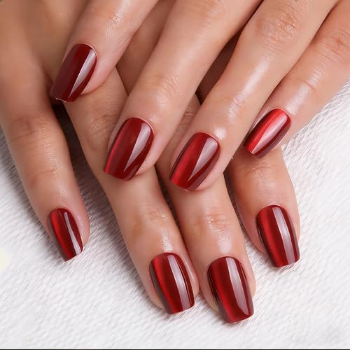 Melines 30pcs Christmas Cherry Red Cat Eye Short Square Press On Nails, Reusable Nail Kit with Nail Adhesive Tabs Mini Nail File, 15 Sizes (Cherry Red)