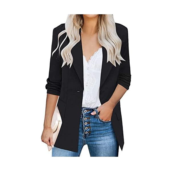Hotouch Womens Casual Blazers 3/4 Stretchy Ruched Sleeve One Button Work Office Blazer Open Front Jacket S-XXXL Black