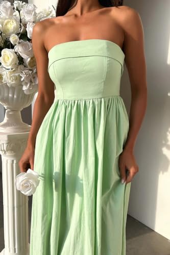 Image of Women Summer Strapless Maxi Tube Dress 2024 Trendy Solid Pleated Flowy Dress Wedding Guest Maxi Dresses Party Club