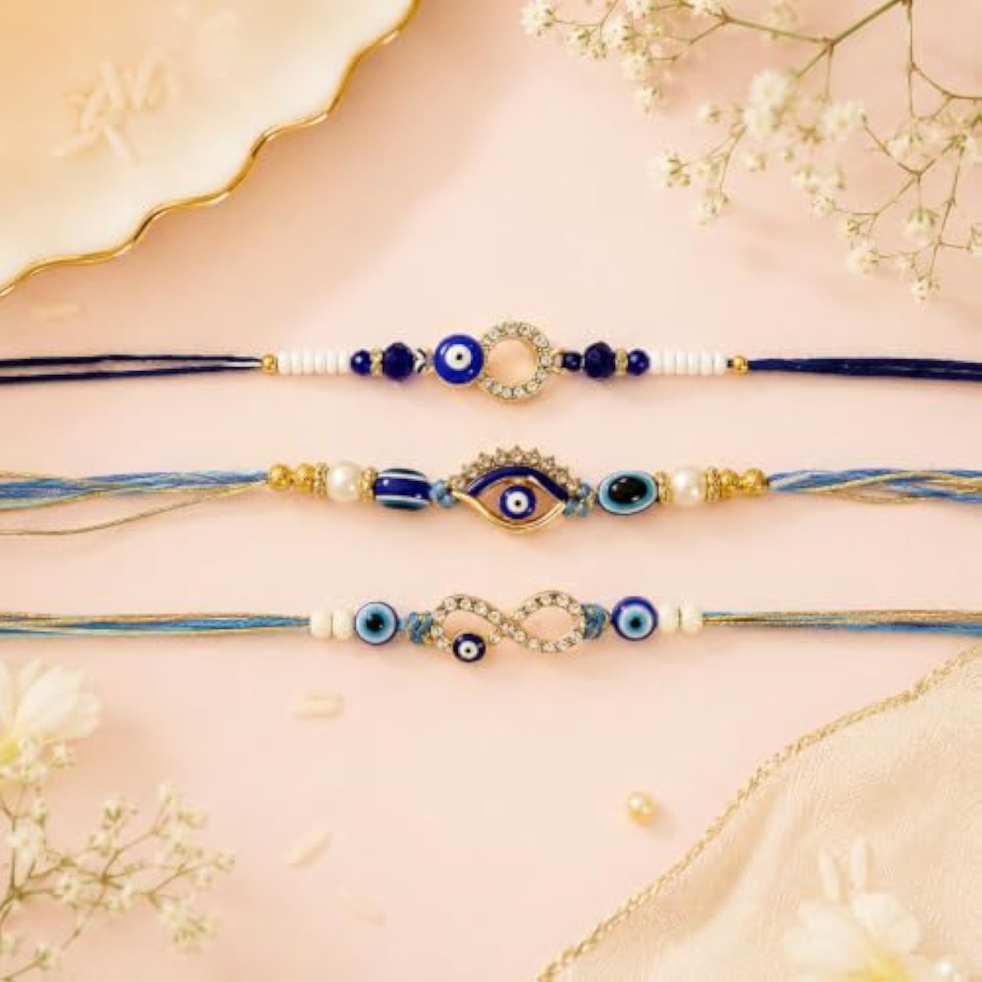 Meenakari Evil Eye Rakhi Combo Pack with Roli Chawal, Pack of 3