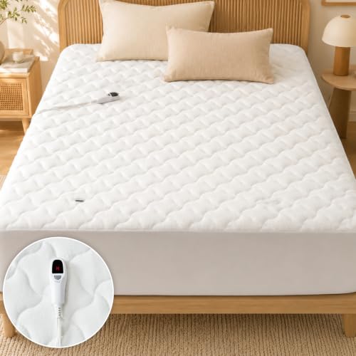 SurChic Full Size Heated Mattress Pad - 10 Heat Settings Coral Fleece Electric Mattress Pad Cover - 10-Hour Auto Shut Off Bed Warmer with Deep Pocket, Soft White