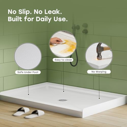 Image of HOROW 48 inch x 32 inch Shower Base, Center Drain Shower Pan, Low Profile Acrylic Base with Reinforced Fiberglass, Non-Slip Surface, Stainless Steel Drain Cover, Leak-Resistant for Bathroom