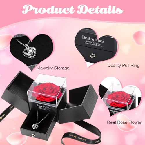 Image of HASTHIP Valentine Gift for Girlfriend, Wife, Women Artificial Preserved Rose with Heart Necklace with I Love You In 100 Languages Romantic Anniversary Birthday Gifts for Women Mom Girlfriend - Black