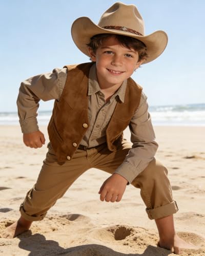 Image of Retro Boys Western Cowboy Vest for Kids Leather Suede Waistcoat | vintage dress vests, welt pockets, v-neck, adjustable waist, formal slim fit, wedding outfit, farm christmas birthday prom