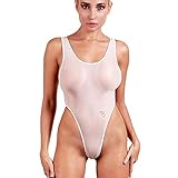 Truhani See Through one Piece Swimsuit Sheer Sexy Thong Bodysuit High Cut Leg Monokini (White, XS)