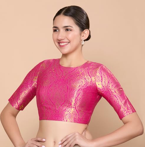 Image of Studio Shringaar Women Brocade Silky Jewel Neck Readymade Elbow Length Sleeve Saree Blouse