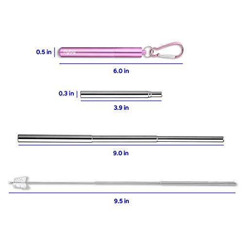 Flyby Portable Reusable Drinking Straws | Collapsible & Foldable Telescopic Stainless Steel Metal Straw Dispenser | Final Aluminum Case, Long Cleaning Brush, Silicone Tip | Pink | 2-Pack - Thumbnail 2