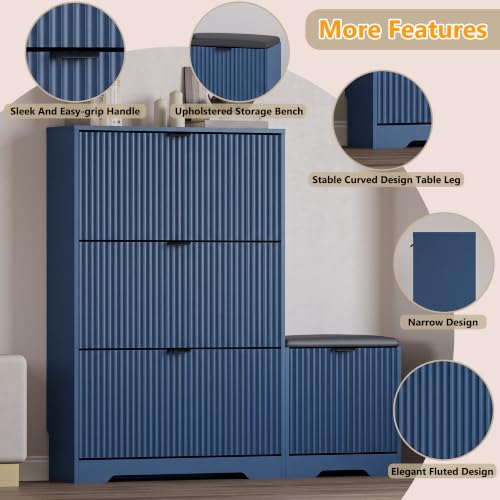 Image of BORNOON Slim Shoe Cabinet with Bench for Entryway, Hidden Storage and Adjustable Shelves, Free Standing Wooden Shoes Organizer for Hallway, Foyer