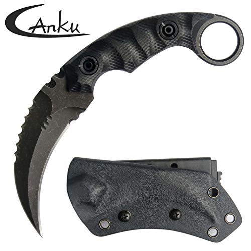 Canku C1691 Fixed Blade Knife D2 Steel G10 Handle 4 Inches,Outdoor Survival Claw Tactical Teeth Knife,Camping EDC Tools, Kydex Sheaths(Black)