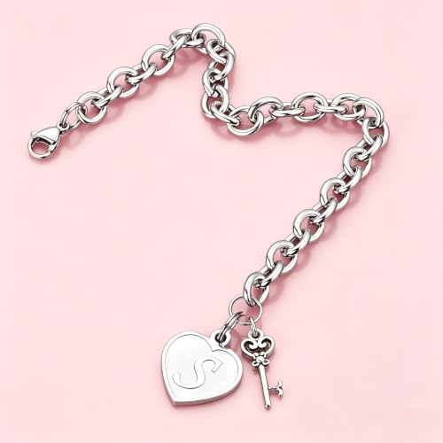 Image of M MOOHAM Heart Initial Bracelets for Girls Women - Engraved 26 Letters Initial Charms Bracelet Stainless Steel Bracelet Birthday Christmas Jewelry Gift for Women Teen Girls