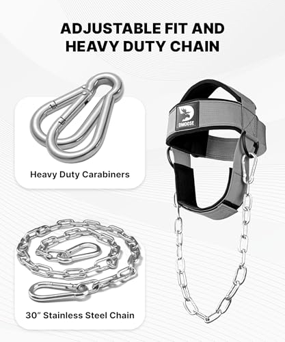 Image of DMoose Fitness Neck Head Harness Resistance Training. Extra-Heavy D-Rings Steel Chain, Comfort Fit Neoprene, Superior Saddle Stitching. Build A Thicker Neck Durable Exercise Neck Strap