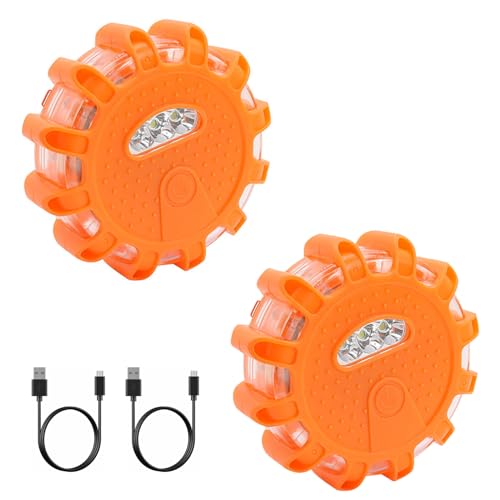 LED Road Flares Emergency Lights Roadside Warning Car Traffic Safety Beacon Flashing Disc Flare Kit Strobe with Magnetic Base for Construction Vehicles Truck Boat, 2 Pack