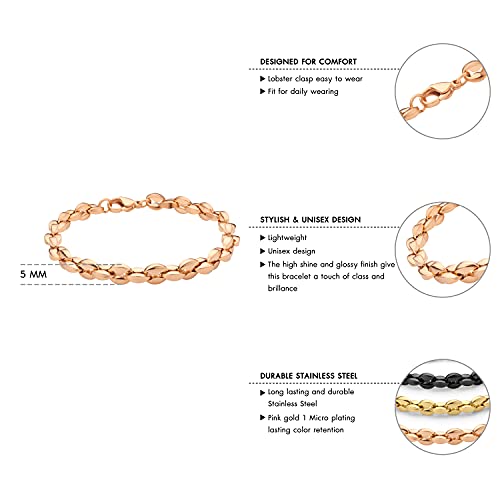 555Jewelry Stainless Steel Solid Unisex Womens Mens Hollow Coffee Bean Link Stylish Solid Lightweight Fashion Jewelry Accessory Chain Bangle Bracelet, Rose Gold 7.5 Inch #TOP4