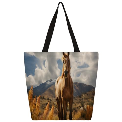 Mularoka Prairie Horse Large Capacity Canvas Tote Bag Stylish Handheld Shoulder Bag Reusable Shopping Bag for Work Travel Beach Trips Shopping