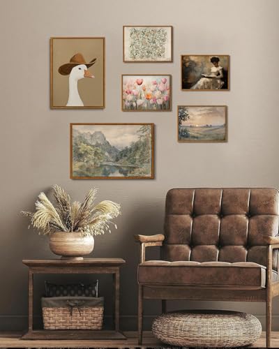 Image of KISSFOX Vintage Framed Wall Art Decor William Morris Botanical Pictures Wall Decor Rustic Boho Flower Canvas Art Prints Natural Farmhouse Mandala Paintings Artwork For Bedroom Living Room