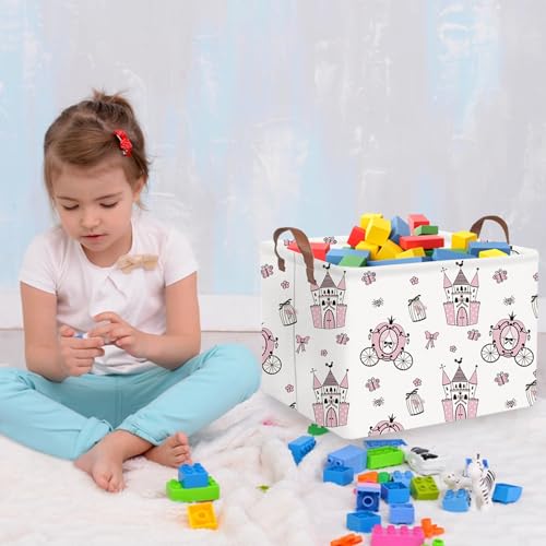 Image of Rectangular castle Storage Basket,Kids Dirty Clothes Hamper,Waterproof canvas storage basket,Books Box,Girls Room decor(Pink Princess)