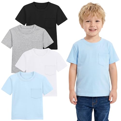 Poroka Toddlers and Boys' Short-Sleeve T-Shirts Cotton Crew Neck Tee Baby Short-Solid Pocket T-Shirts with Pocket 4 Pack