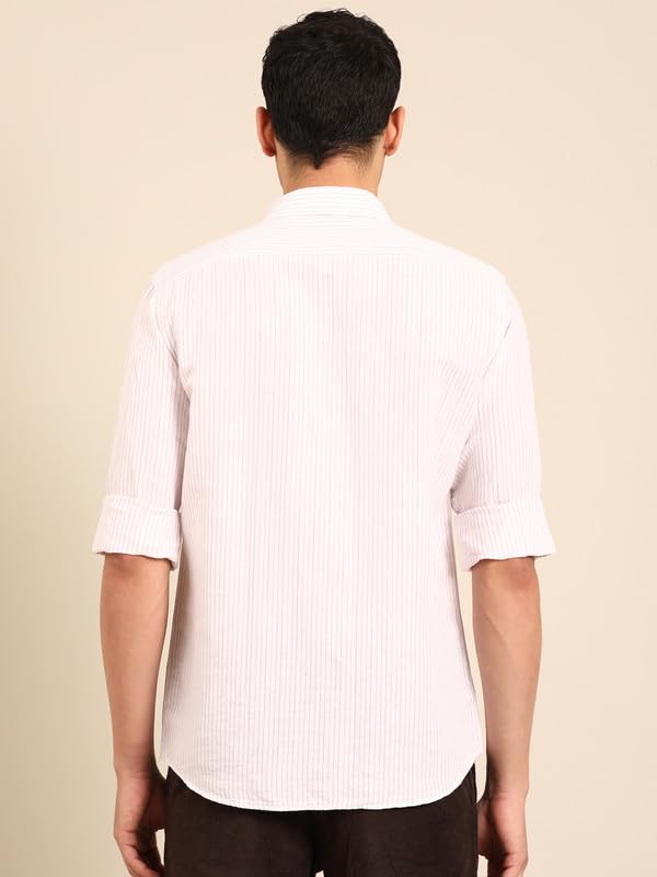 Image of Linen Club Men's Linen Rich Pink Striped Contemporary Fit Full Sleeve Casual Shirt