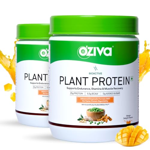 Image of OZiva Bioactive Plant Protein (Mango) | 25g Protein,5.5 BCAA| Pea Isolate| Plant based Protein Powder for Women & Men | Essential Amino Acids| Vegan Protein supplement, Sugar free, 500g (Pack of 2)