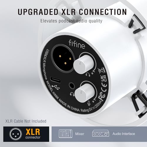 Image of FIFINE Studio XLR Dynamic Microphone, USB PC Podcast Microphone for Streaming Recording, XLR /USB Vocal Mic with Tap-to-Mute, Gain Knob, Headphones Monitoring-Amplitank K688 White