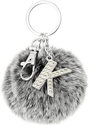 Cartsclick Pom Pom Keyrings with K Letter Keychain  2 in 1 Fluffy Keyring with Crystal Initial Letter Keyring  Personalised Pom Poms Keychain