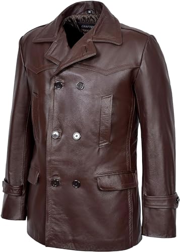 Image of Crafter Men's Kriegsmarine German Ww2 Dr Who Reefer Hide Leather Jacket Coat Four Button Leather Car Coat - Pea Coat for Mens