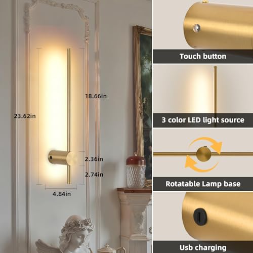 Image of Battery Operated Wall Sconce USB Rechargeable Sconces, 23.6 inch Brushed Gold Wireless Wall lamp Set of 2, 3000K-6000K & Dimming with Remote Control, LED Wall Lights for Living Room, Bedroom