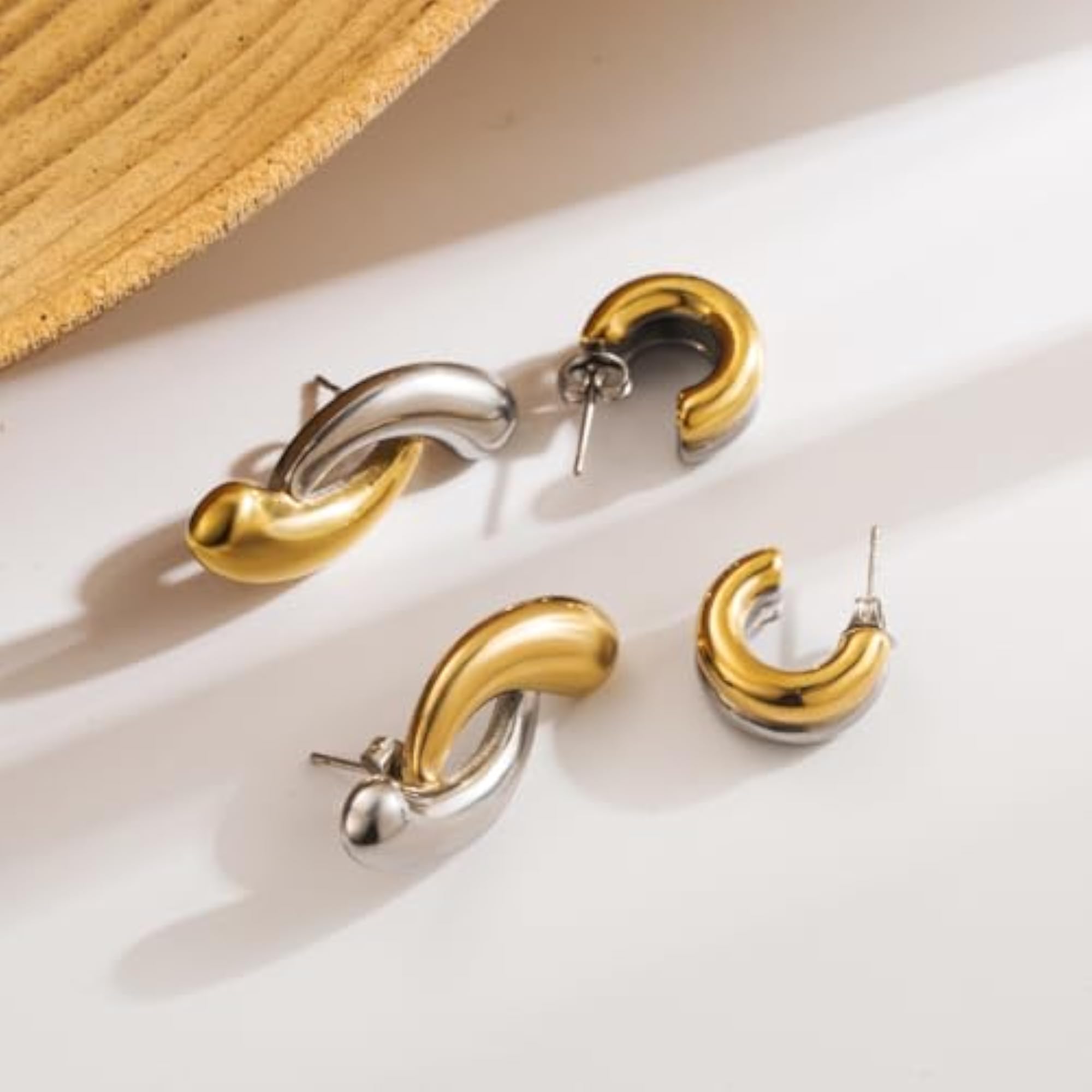 Women's Double Ring Two Color C Shape Stainless Steel Hoop Earrings