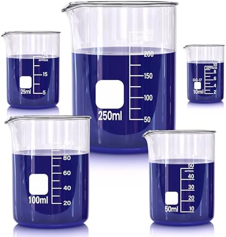 Glass Beakers Set, 5 Sizes - 10ml, 25ml, 50ml, 100ml, 250ml, 3.3 Borosilicate Beaker for Laboratories, Classrooms or Home, Griffin Low Form Lab Beakers