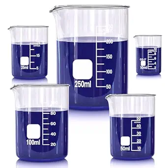Glass Beakers Set, 5 Sizes - 10ml, 25ml, 50ml, 100ml, 250ml - Borosilicate Laboratory Beakers