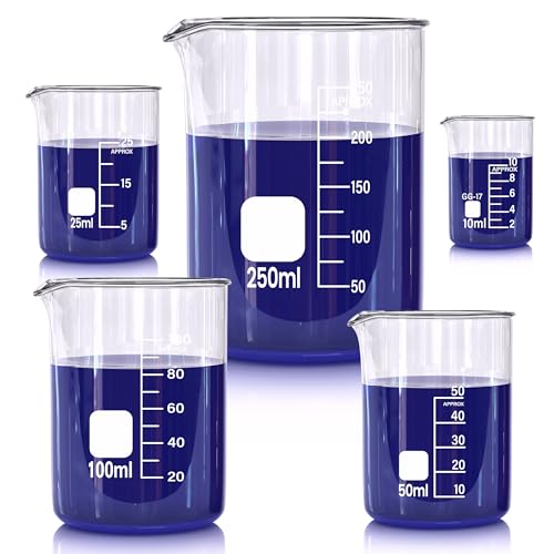 Amazon | ガラスビーカーセット、5サイズ - 10ml、25ml、50ml、100ml
